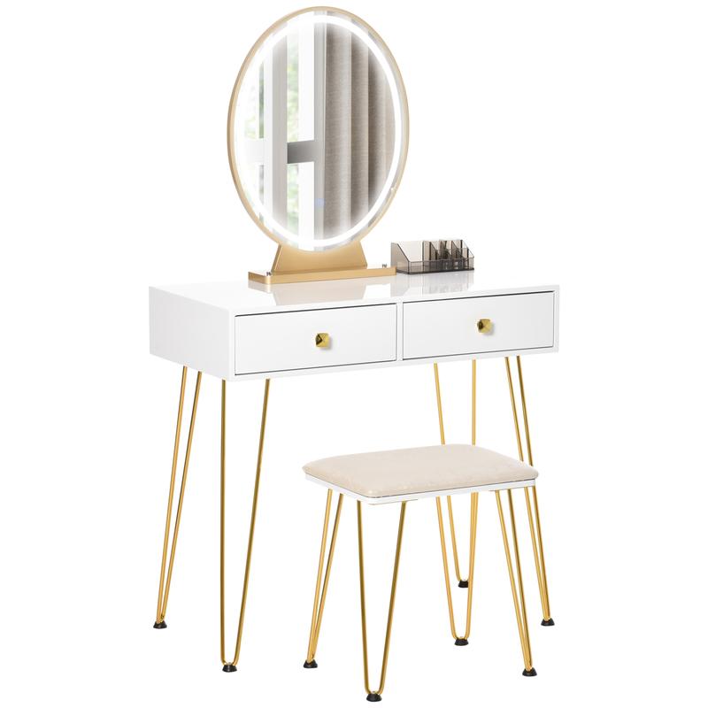 HOMCOM Dressing Table Set with LED Light, Round Mirror, Vanity Makeup Table with 2 Drawers and Cushioned Stool for Bedroom, White 0