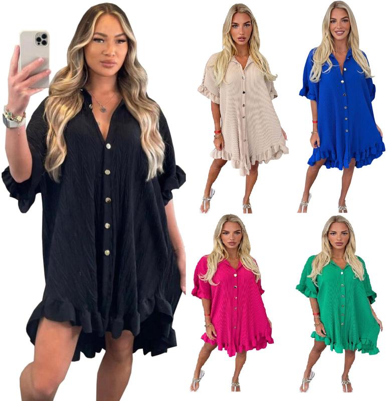Women's Ladies Gold Button Crinkle Pleated Frill Summer Shirt Swing Smock Dress 0