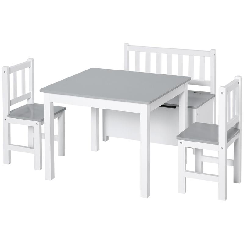 HOMCOM 4-Piece Kids Table and Chair Set with 2 Wooden Chairs, 1 Storage Bench, and Interesting Modern Design, Grey/White 0