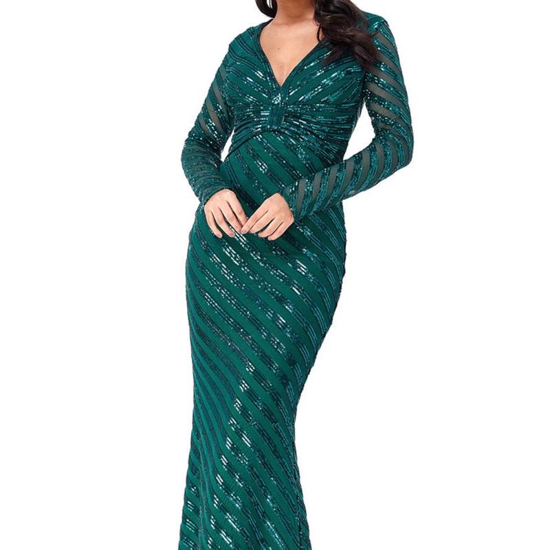 SEQUIN STRIPE FRONT BOW MAXI DRESS - GREEN 0