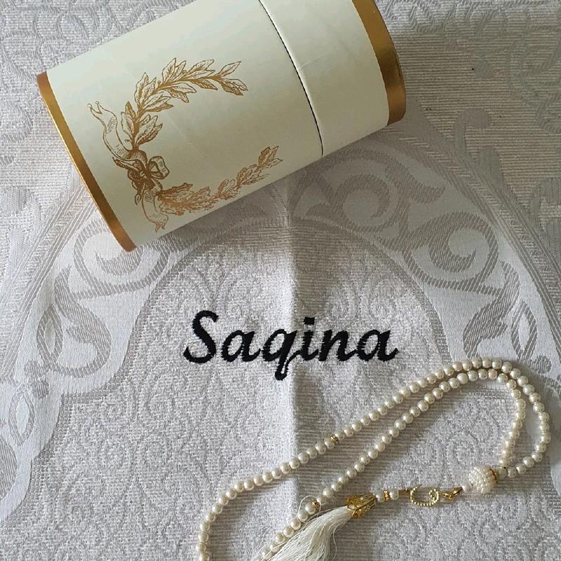 Personalising Travel Prayer mat 69x120cm with pearl Tashbih and Cream color paper box comes with. personalised prayermat 5