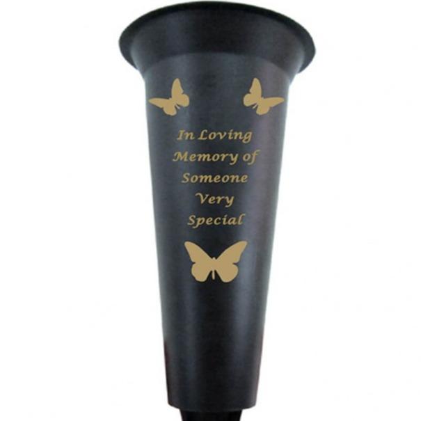 Options - Black & Gold plastic spike memorial Flower vase with butterfly decoration. Ornaments 0