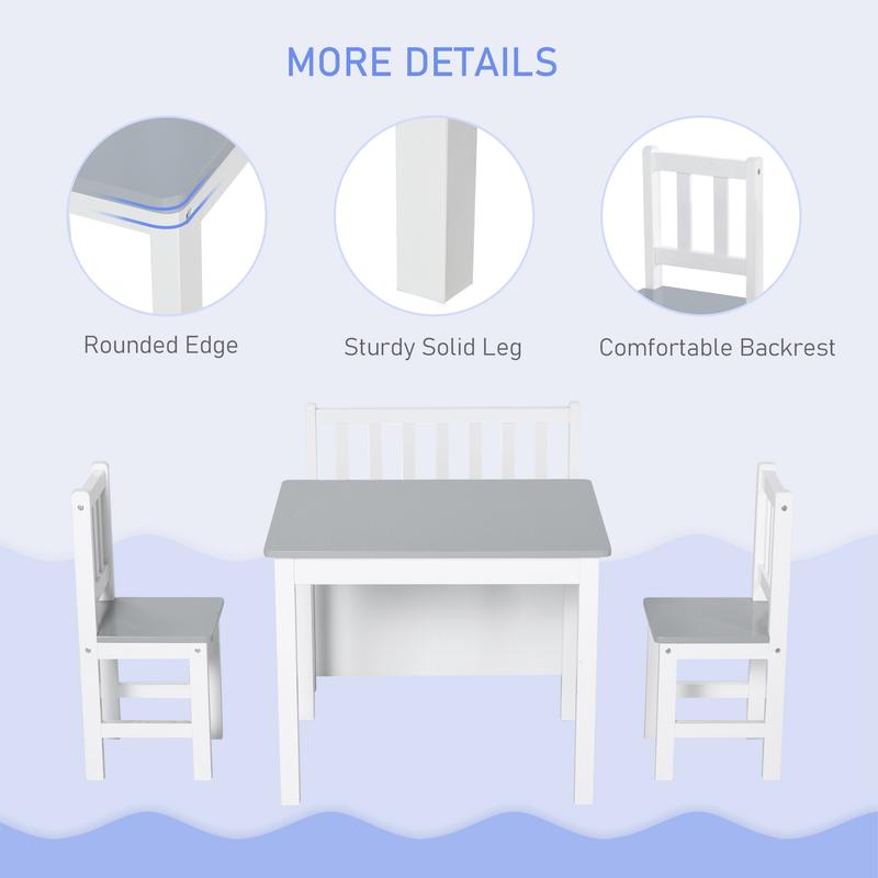 HOMCOM 4-Piece Kids Table and Chair Set with 2 Wooden Chairs, 1 Storage Bench, and Interesting Modern Design, Grey/White 4