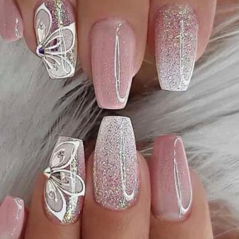 24pcs Long Coffin 3D Rhinestone Decor Fake Nail & 1pc Nail File & 1sheet Tape Nail Art Nail Care Nail Polish Polish Daily Gel Gift Halloween Nail Glue Salon 1