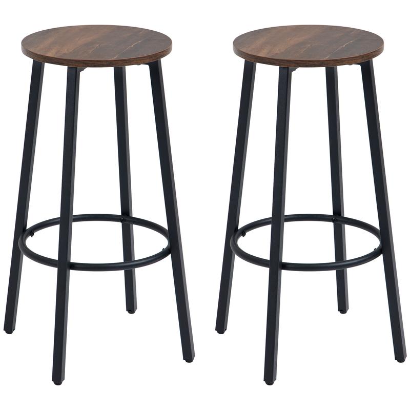 HOMCOM Bar Stools Set of 2, Industrial Breakfast Bar Stools with Round Footrest and Steel Legs for Dining Room, Kitchen, Rustic Brown 0