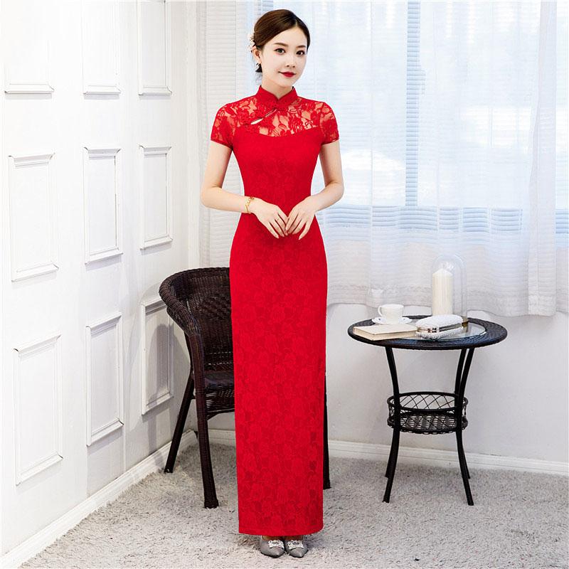 Váy sườn xám dài tay ngắn, trang phục cổ điển, váy thanh lịch, S đến 5XL, đen và đỏ 8