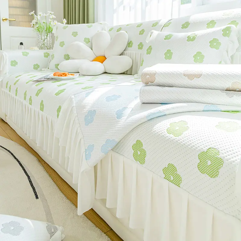Ice Silk Sofa Cover Flower Pattern Cool and Refreshing Summer Non Slip Living Room Sofa Cushion Cover Furniture Protective Cover