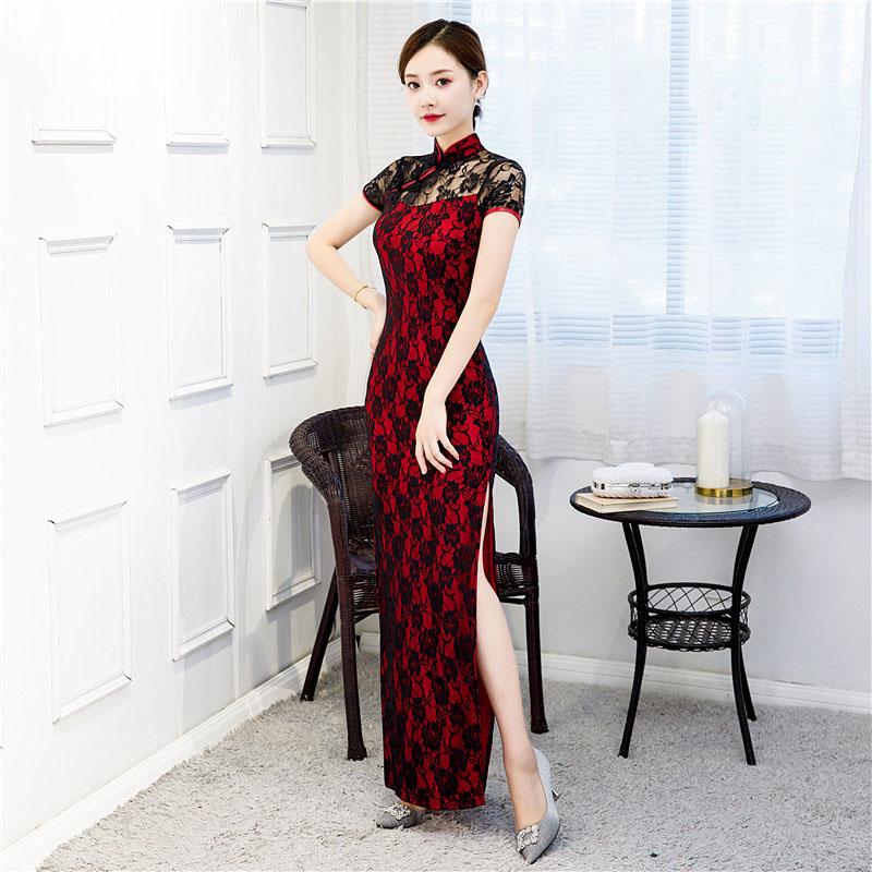 Váy sườn xám dài tay ngắn, trang phục cổ điển, váy thanh lịch, S đến 5XL, đen và đỏ 6