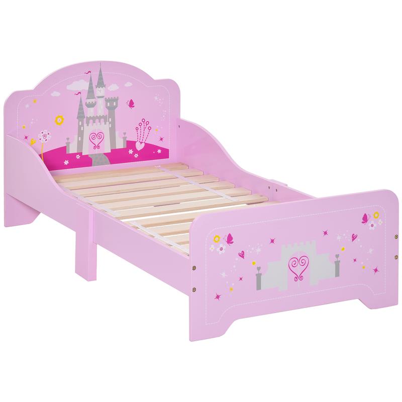 HOMCOM Kids Bed Princess Castle Theme w/ Side Rails Slats Home Furniture for 3 - 6 Yrs Pink 143 x 73 x 60 cm 0