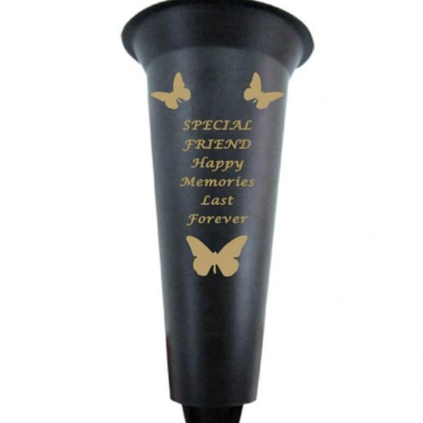 Options - Black & Gold plastic spike memorial Flower vase with butterfly decoration. Ornaments 6