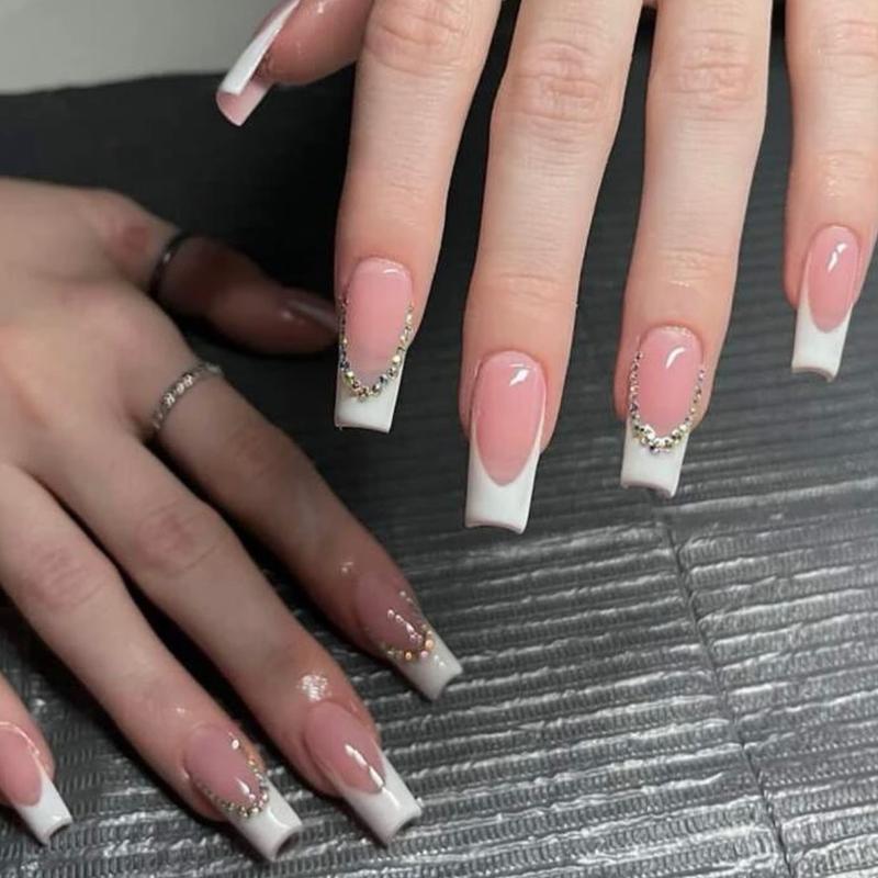 24pcs Long Coffin 3D Rhinestone Decor Fake Nail & 1pc Nail File & 1sheet Tape Nail Art Nail Care Nail Polish Polish Daily Gel Gift Halloween Nail Glue Salon 5