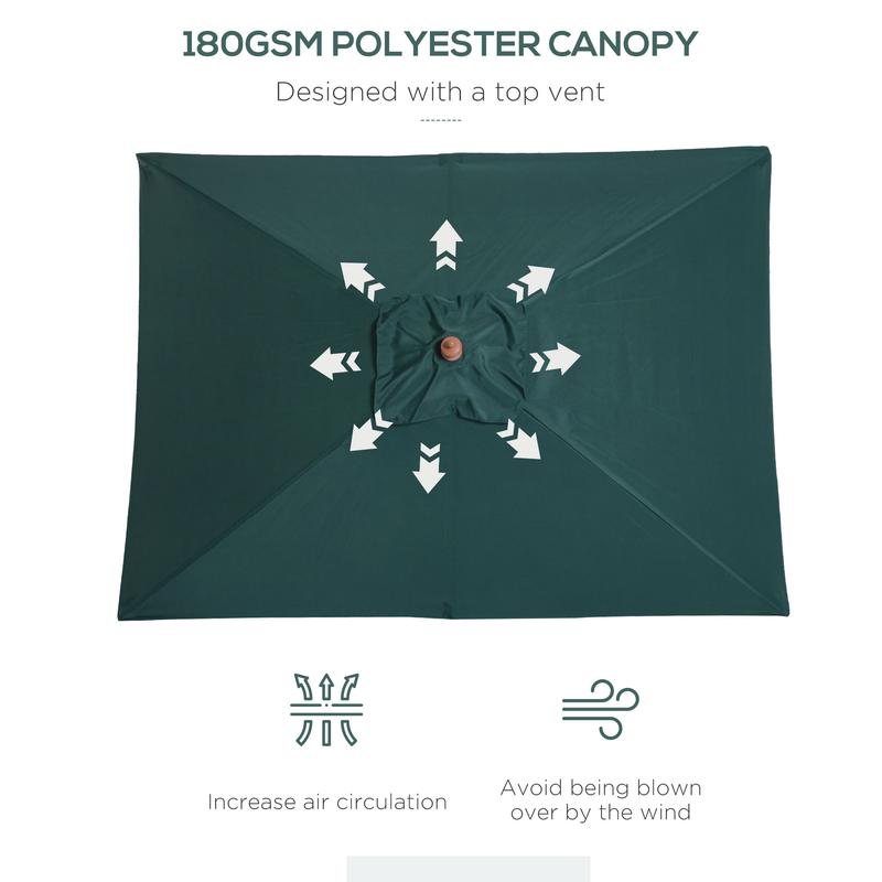 Outsunny 2m x 1.5m Patio Parasol Garden Umbrellas Sun Umbrella Bamboo Sunshade Canopy Outdoor Backyard Furniture Fir Wooden Pole 6 Ribs Tilt Mechanism - Green 4