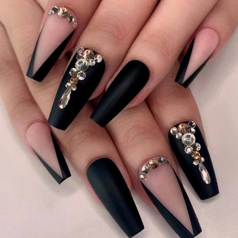 24pcs Long Coffin 3D Rhinestone Decor Fake Nail & 1pc Nail File & 1sheet Tape Nail Art Nail Care Nail Polish Polish Daily Gel Gift Halloween Nail Glue Salon 7