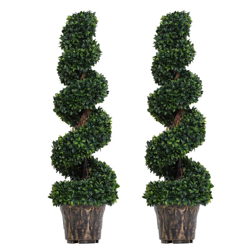 Outsunny Set of 2 Artificial Boxwood Spiral Topiary Trees Potted Decorative Plant Outdoor and Indoor Décor 112cm 0