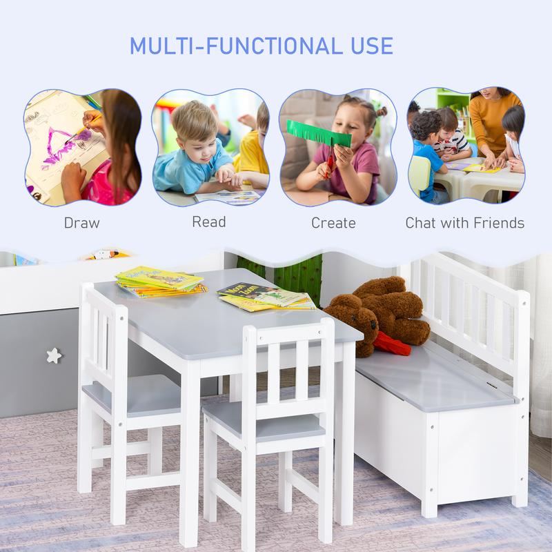 HOMCOM 4-Piece Kids Table and Chair Set with 2 Wooden Chairs, 1 Storage Bench, and Interesting Modern Design, Grey/White 3