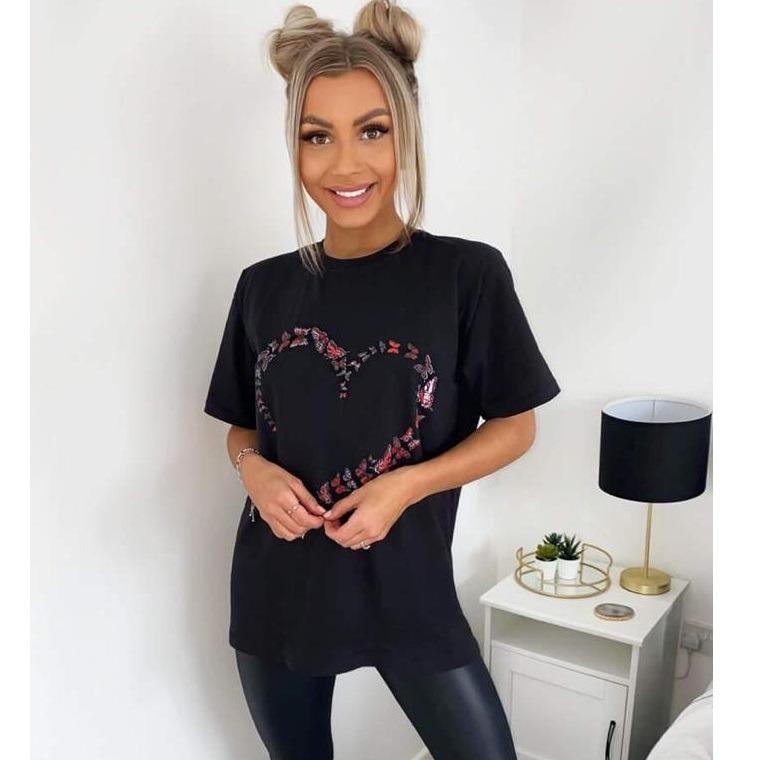 Women's Oversized Love Heart Butterfly Print T-Shirt Ladies Shortsleeve Round Neck T-Shirt Tee Top 0