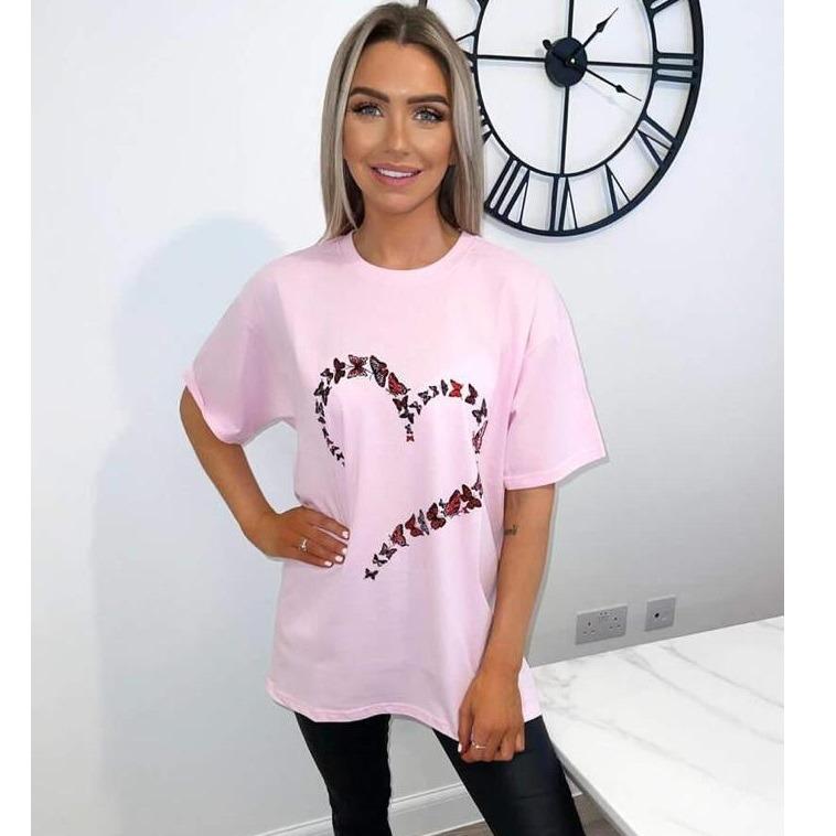 Women's Oversized Love Heart Butterfly Print T-Shirt Ladies Shortsleeve Round Neck T-Shirt Tee Top 3