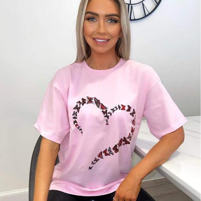 Women's Oversized Love Heart Butterfly Print T-Shirt Ladies Shortsleeve Round Neck T-Shirt Tee Top 4