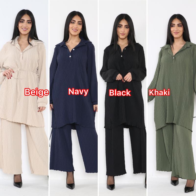 Two Piece Coord Pleated Set - Collared 3 Buttons Full Pleated Set 1