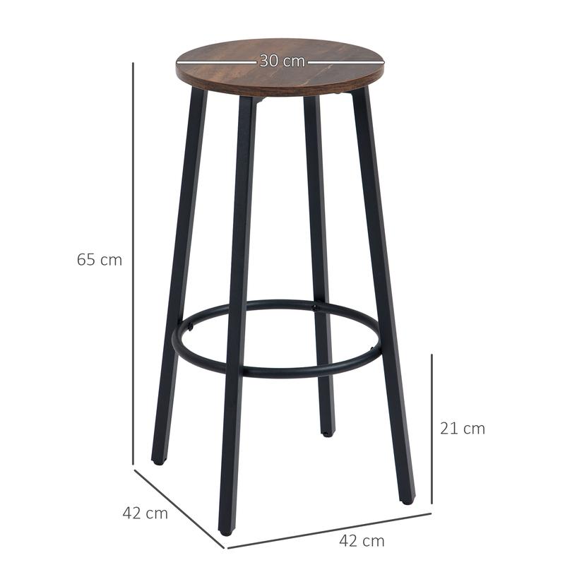 HOMCOM Bar Stools Set of 2, Industrial Breakfast Bar Stools with Round Footrest and Steel Legs for Dining Room, Kitchen, Rustic Brown 2