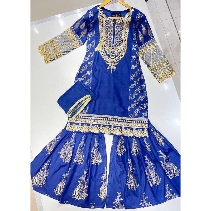 HK181 Bekhud Readymade Blue Linen Mother & Daughter Suit 2