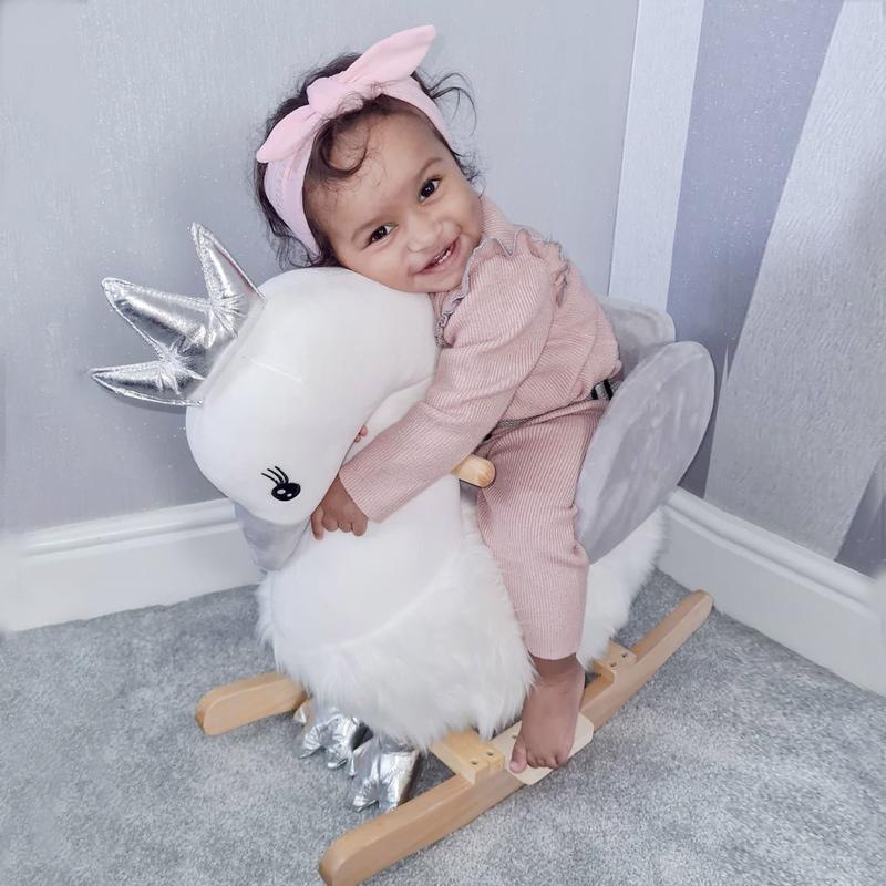 HOMCOM Kids Children Rocking Horse Plush Ride On Swan w/ Sound Wood Base Seat Safety Belt Toddler Baby Toy Rocker 18 - 36 Months 8