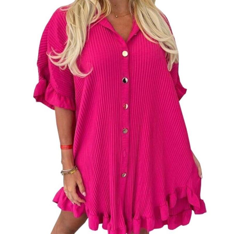 Women's Ladies Gold Button Crinkle Pleated Frill Summer Shirt Swing Smock Dress 2