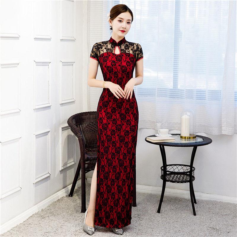 Váy sườn xám dài tay ngắn, trang phục cổ điển, váy thanh lịch, S đến 5XL, đen và đỏ 7
