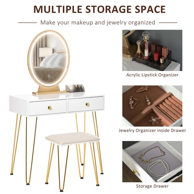 HOMCOM Dressing Table Set with LED Light, Round Mirror, Vanity Makeup Table with 2 Drawers and Cushioned Stool for Bedroom, White 6