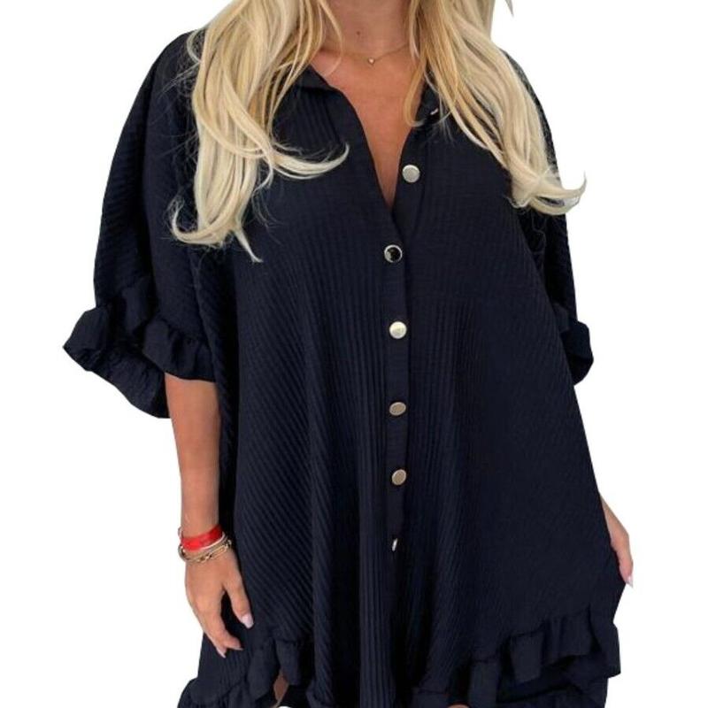 Women's Ladies Gold Button Crinkle Pleated Frill Summer Shirt Swing Smock Dress 1
