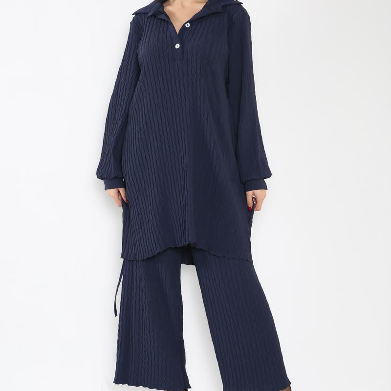 Two Piece Coord Pleated Set - Collared 3 Buttons Full Pleated Set 8