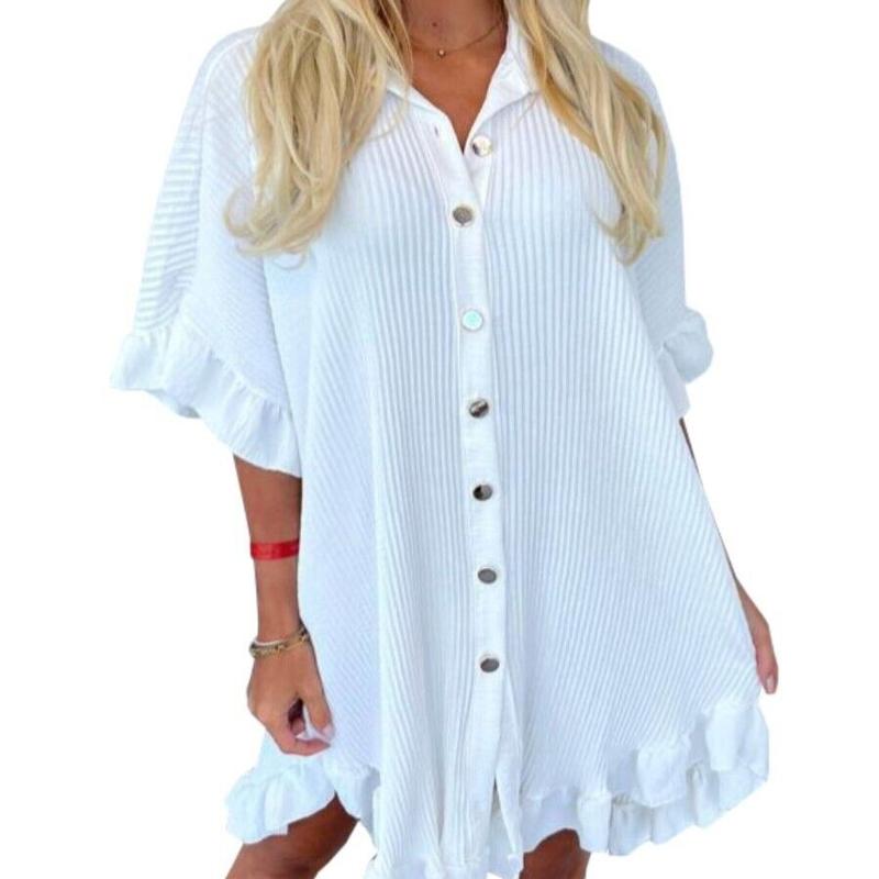 Women's Ladies Gold Button Crinkle Pleated Frill Summer Shirt Swing Smock Dress 8